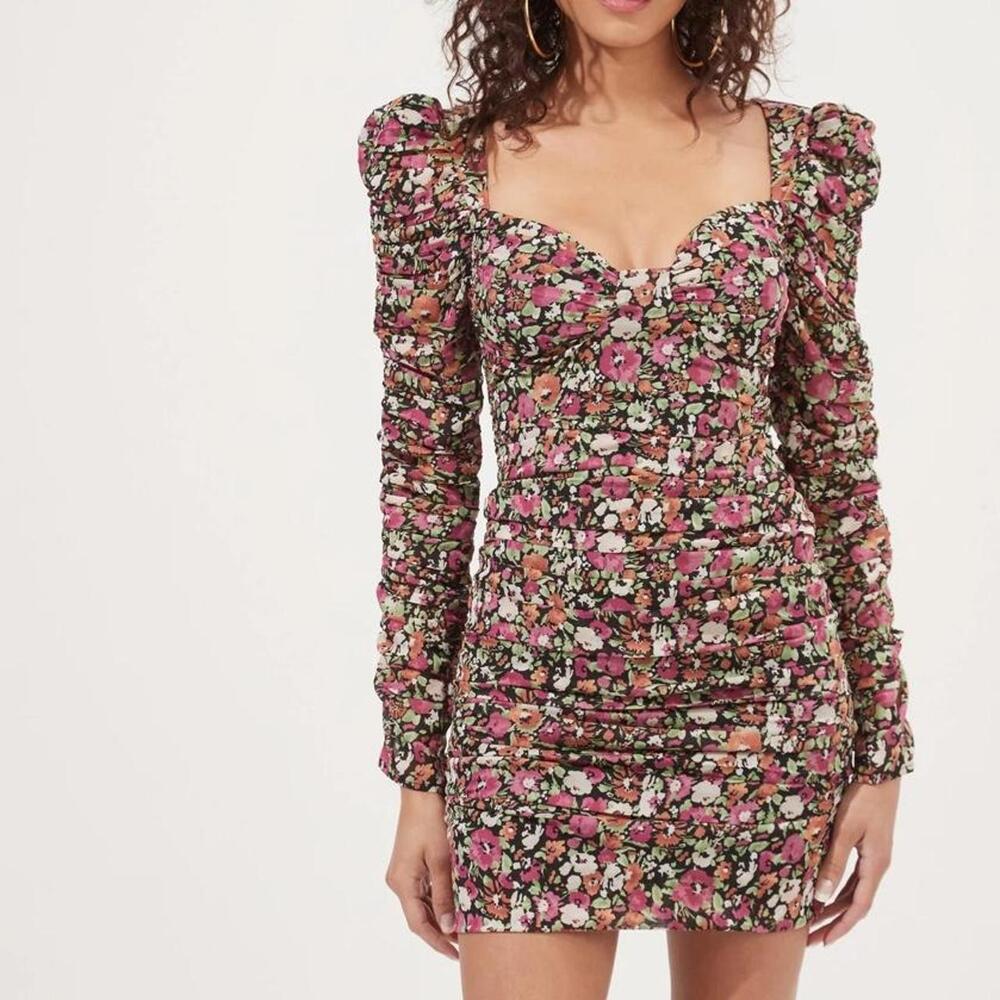 ASTR The Label Jadine Long Sleeve Sweetheart Floral Ruched Mini Dress Small